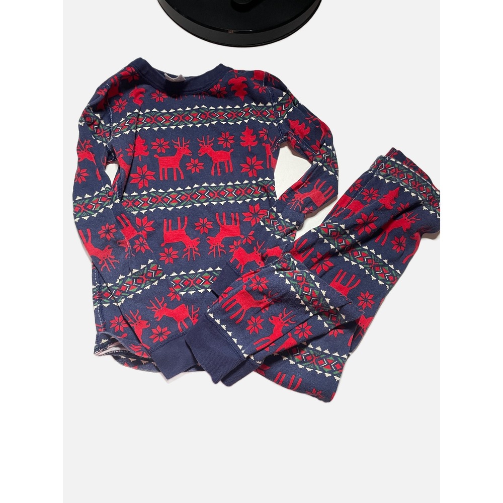 Hanna Andersson Pajamas Kids 8 Navy Blue Reindeer Fair Isle Holiday Sleepwear